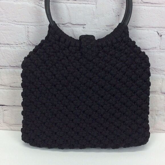 Vintage Macrame Handmade Pocketbook Black Boho Hippie Hoop Shoulder Bag Lined - Picture 4 of 7